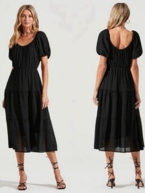 ASTR The Label Black Puff Sleeve Tiered Midi Dress Size Medium